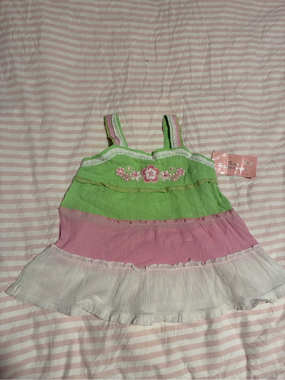 Kids Headquarters Green Pink and White Tiered Sundress Top